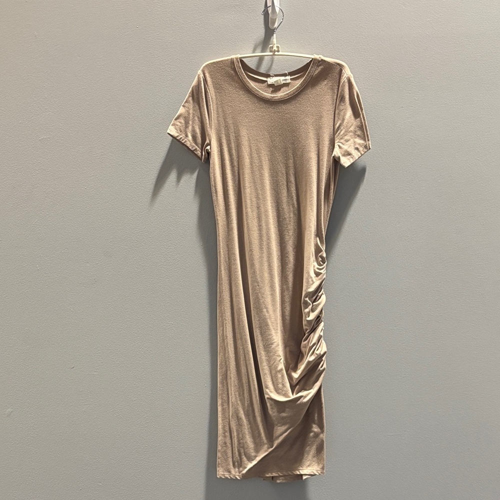 Treasure & Bond Tan Midi Dress with Ruched Detail